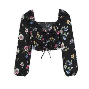 H&M Top Milkmaid XL Black Crop Floral Crinkle Boho Western Indi Festival Hippie